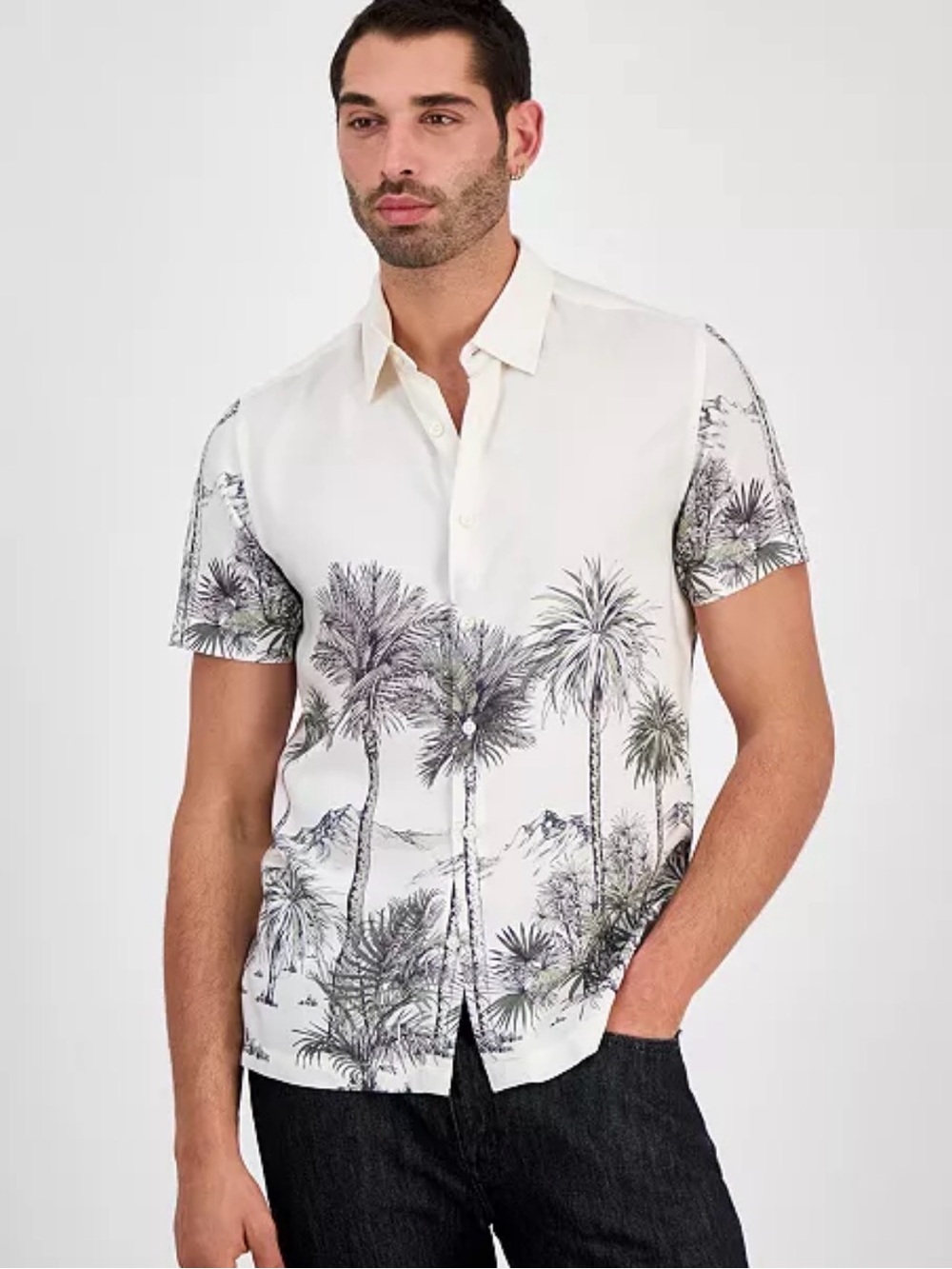 Guess EcoVero Palm Print Camp Shirt XL White Tropical Viscose